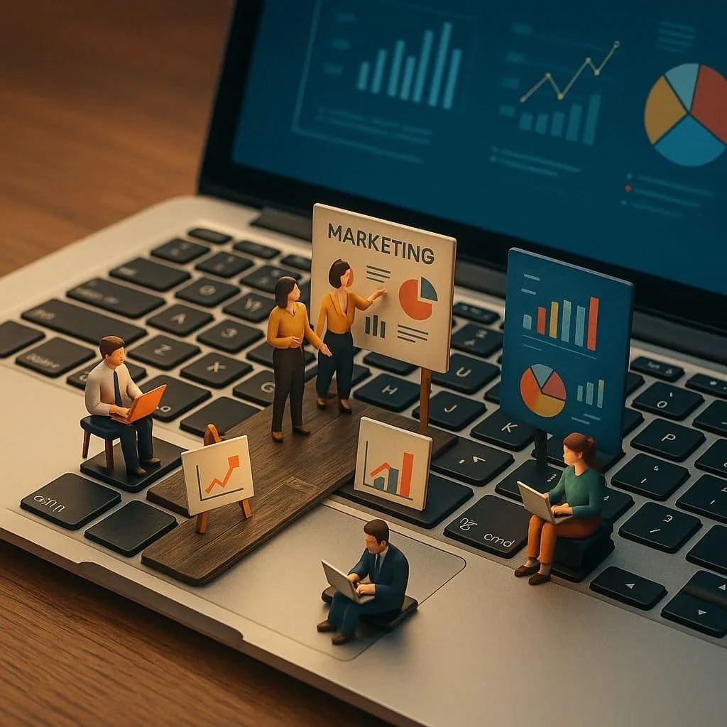 Miniature marketing team analyzing digital marketing strategy, business growth charts, and performance analytics on a laptop,How to Create a Digital Marketing Strategy for a Small Business